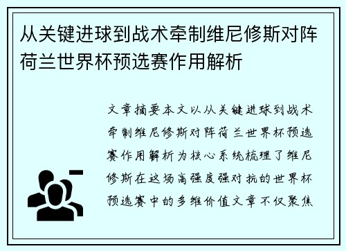 从关键进球到战术牵制维尼修斯对阵荷兰世界杯预选赛作用解析